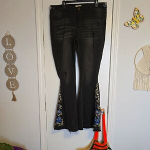 Black Flared Jeans with Floral Embroidery